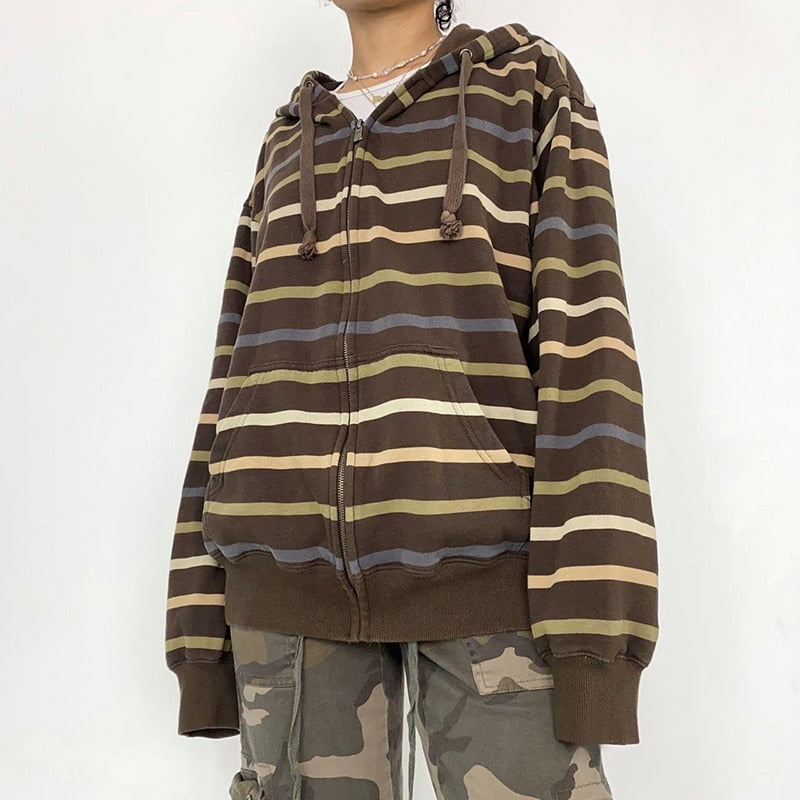 Mojoyce Harajuku Sweatshirts Women Casual Baggy Jackets Coats Autumn Zip Up Striped Hoodies wih Pockets Grunge Clothes Y2k Fall Outfits 2023