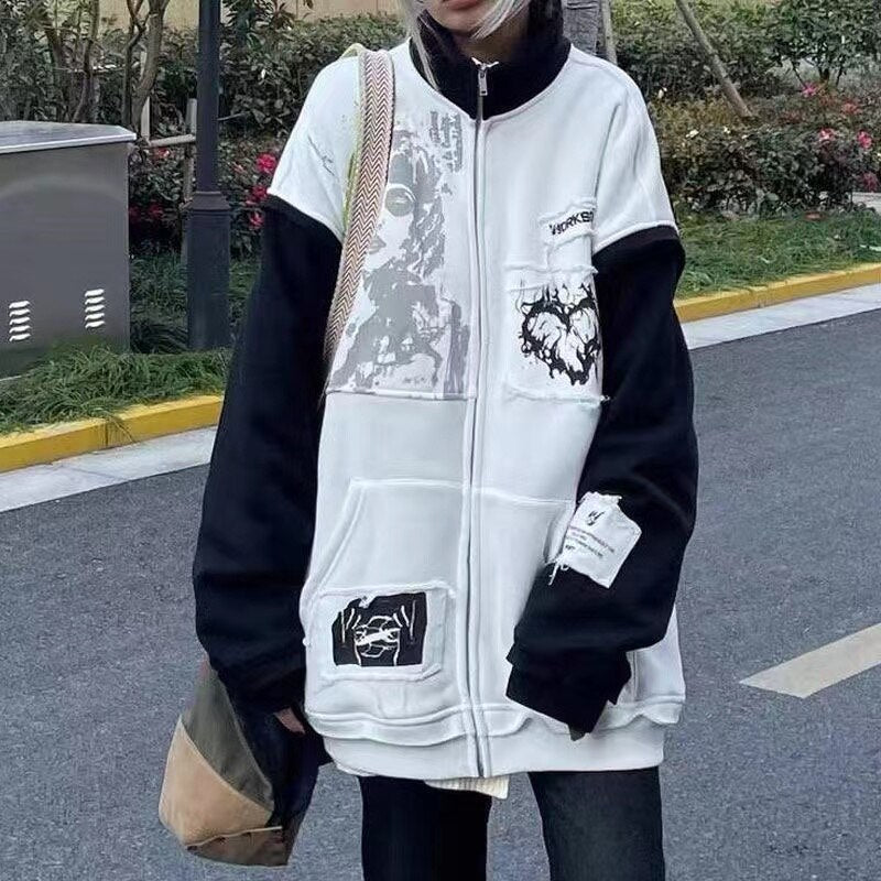 Mojoyce Harajuku Y2k Streetwear Cardigan Hoodie Loose Long Sleeve Top Femme Spring Autumn Splicing Heart Pattern Zip Up Hoodie Woman
