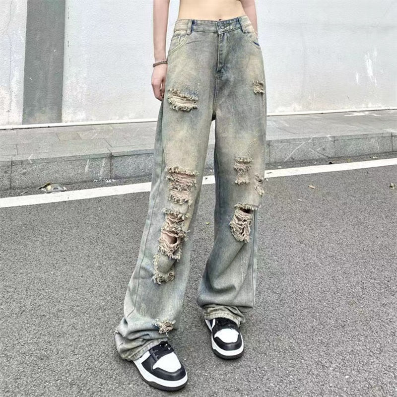 Mojoyce Trousers Washed Ripped Jeans Women Retro Y2k Streetwear High Waisted Jeans Summer Clothes For Women Baggy Wide Leg Jeans Femme