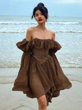 Mojoyce Elegant Chic Female Flare Sleeve Irregular Dress Slim Off Shoulder Aesthetic Beach Sundress Women Party Cute Dresses