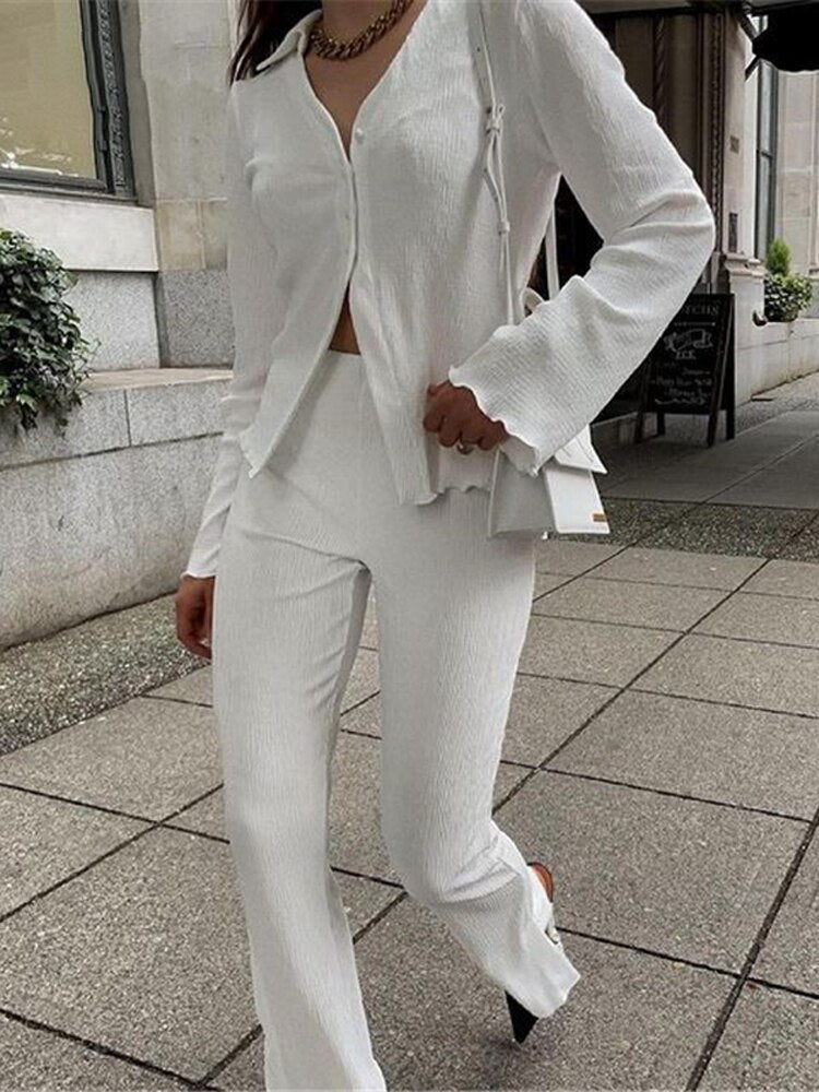 Mojoyce Half Button Pleated Top And Pants Suit Women Casual Two Piece Sets White Loose V-Neck Shirt Set 2022 Autumn New Overalls