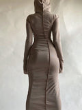 Mojoyce Autumn 2023 Long Sleeve Hooded Dress Maxi Women Vintage Ruffles Elegant Dresses Khaki Split Reverse Side