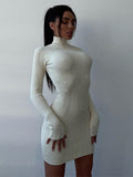 Mojoyce 2023 Women Turtleneck Midi Dress Long Sleeve Autumn Winter Party Club Elegant Casual Basic Knit Dresses