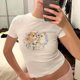 Mojoyce Graphic Cat Print Y2K T-shirt Kawaii Girly Short Sleeve O Neck Slim Babe Crop Top Streetwear Fashion Korean Tee Cute