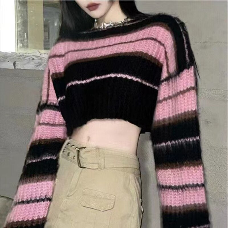 Mojoyce Y2K Streetwear Pink Cropped Knitted Sweater Woman Striped Jumper Vintage Female  Autumn Long Sleeve Crewneck Pullovers Tops