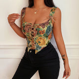 Mojoyce Y2k Women Elegant Designer French Vintage Print Halter Tops Chic Bandage Floral Corset Shirts Sexy Style Party Club Ladies Top
