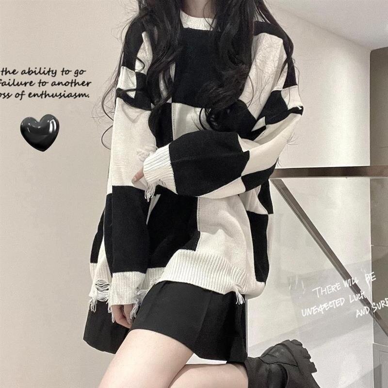 Mojoyce Korean Plaid Oversize Long Sweater Emo Alt Clothes Y2k Womens Harajuku Hollow Out Knitted Crewneck Jumper Pullover Female Tops