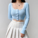 Mojoyce Streetwear Cartoon Embroidery Crop Top Patchwork Rib Knitted T Shirt Women Harajuku Long Sleeve Slim Basic Tee TS41677