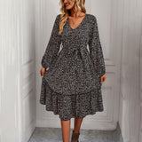 Mojoyce Spring Summer 2023 New Women V Neck Long Sleeve Lace Up Floral Dress For Ladies High Wait Printed A Line Dresses