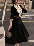 Mojoyce Elegant 2 Piece Dress Set Women Long Sleeve Crop Tops + Casual Black Midi Skirt 2023 Autumn Slim Retro Office Lady Korean Suits