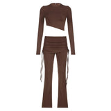 Mojoyce Women Asymmetric Crop Tee and Fold Over Waist Drawstring Slim Pants Fitness Basic Long Sleeve Two Piece Set Fashion