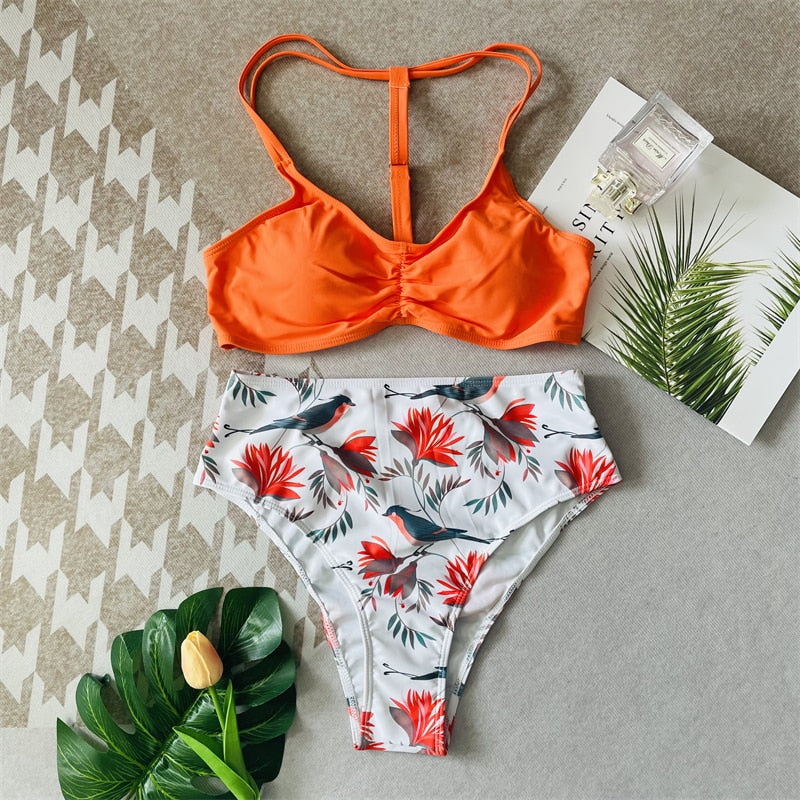 Mojoyce Orange Print High Waist Bikini Set Women Swimwear 2022 New Sexy Brazilian Biquini Swimsuit Push Up Bikinis Female Bathing Suit