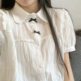 Mojoyce  Deeptown Kawaii White Blouse Women Lolita Lace Vintage Short Sleeve Shirts Female Soft Girl Japanese Sweet Style Cute Tops Mujer