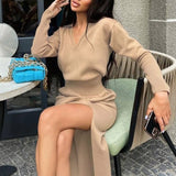 Mojoyce 2022 Women V Neck Slit Knitted Dresses Autumn Winter Female Vintage Elastic Waist Midi Knitted Sexy Lady Party Dress 2 Pieces