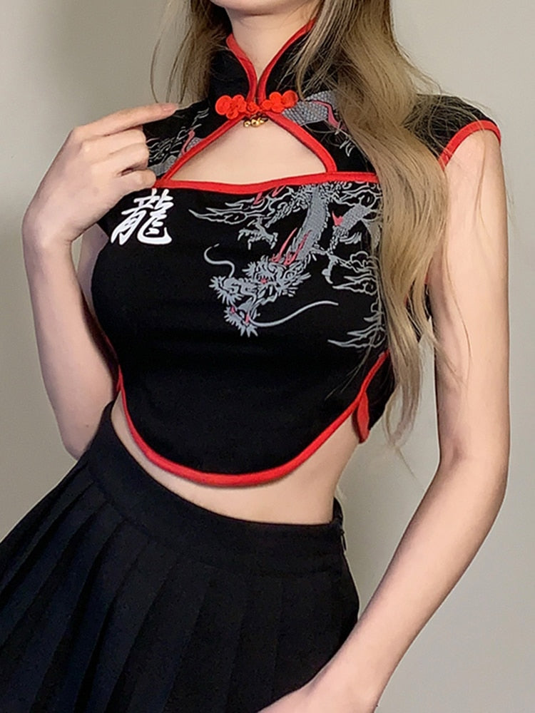 Mojoyce Vintage Fashion Dragon Printed Gothic Summer T-Shirts Women Chinese Style Crop Top Dark Academia Graphic Tee Cut Out