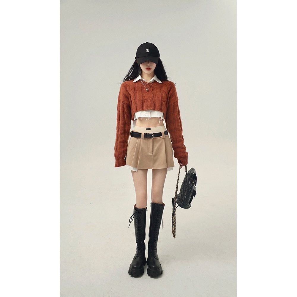 Mojoyce Y2k Crop Short Knitting Set Sweater Women's Lazy Loose Outer Wear Retro Short Knitted Sweater Top Two-Piece Brown Grey Pullovers