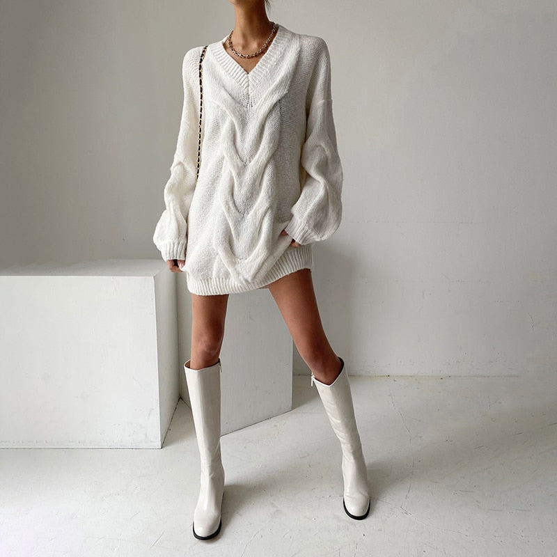 Mojoyce High street v-neck lantern sleeves knitted dress women Casual loose sweater dresses Female solid winter mini vestidos