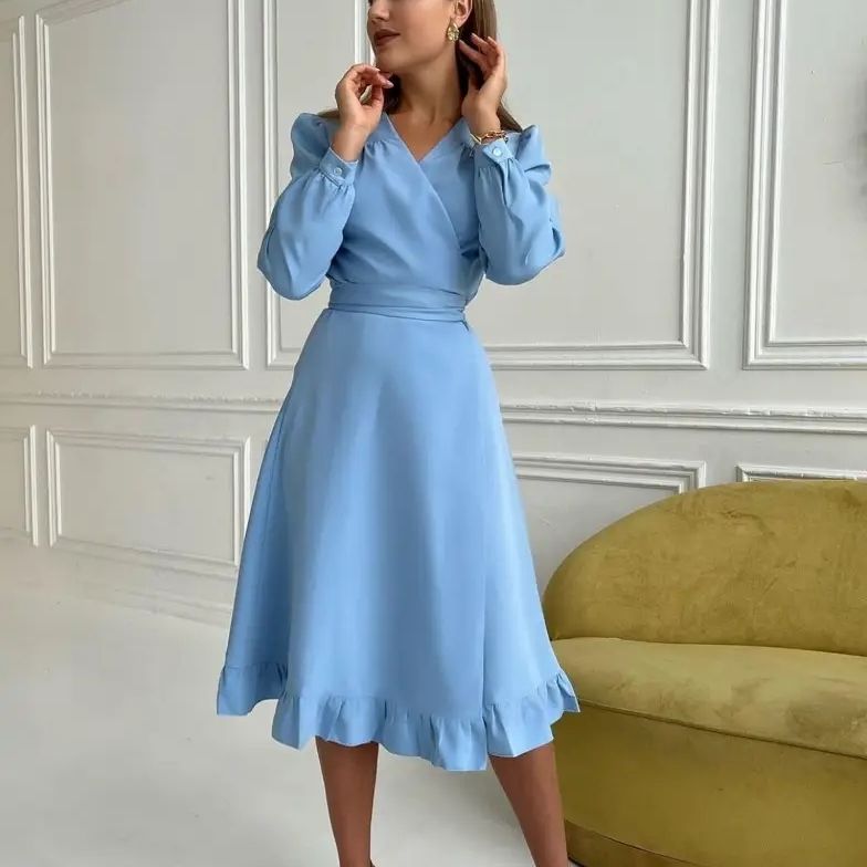 Mojoyce Party Dress Bandage Solid Color With Fungus Women Sweet A Line Long Sleeve Robe Female Summer 2022 New Arrivals Vestidos