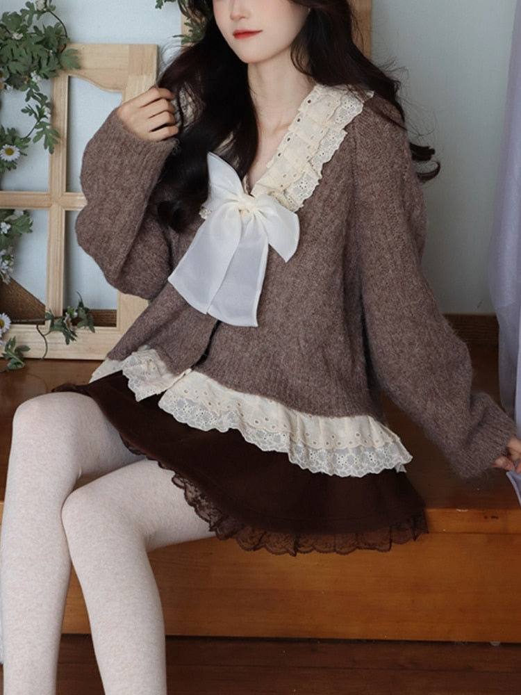 Mojoyce Kawaii Ruffles Knitted Cardigan Women 2022 Winter Bow Japanese Lace Warm Sweet Sweater Female Single-Breasted Korean Casual Tops