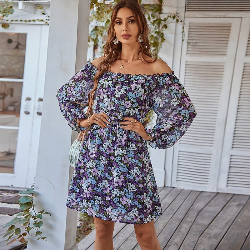 Mojoyce Fashion Women's Printed A Line Short Dress 2022 New One Shoulder Long Sleeve Casual High Waist Chic Floral Dress