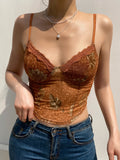 Mojoyce Vintage Mesh Lace Sleeveless Corset Crop Top Women Summer Transparent Brown Strappy Camis Tops Floral Print Vest