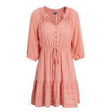 Mojoyce V-neck polka dot ruffle lace up mini dress women Summer pink buttons office dresses Frills holiday beach vestidos 2022