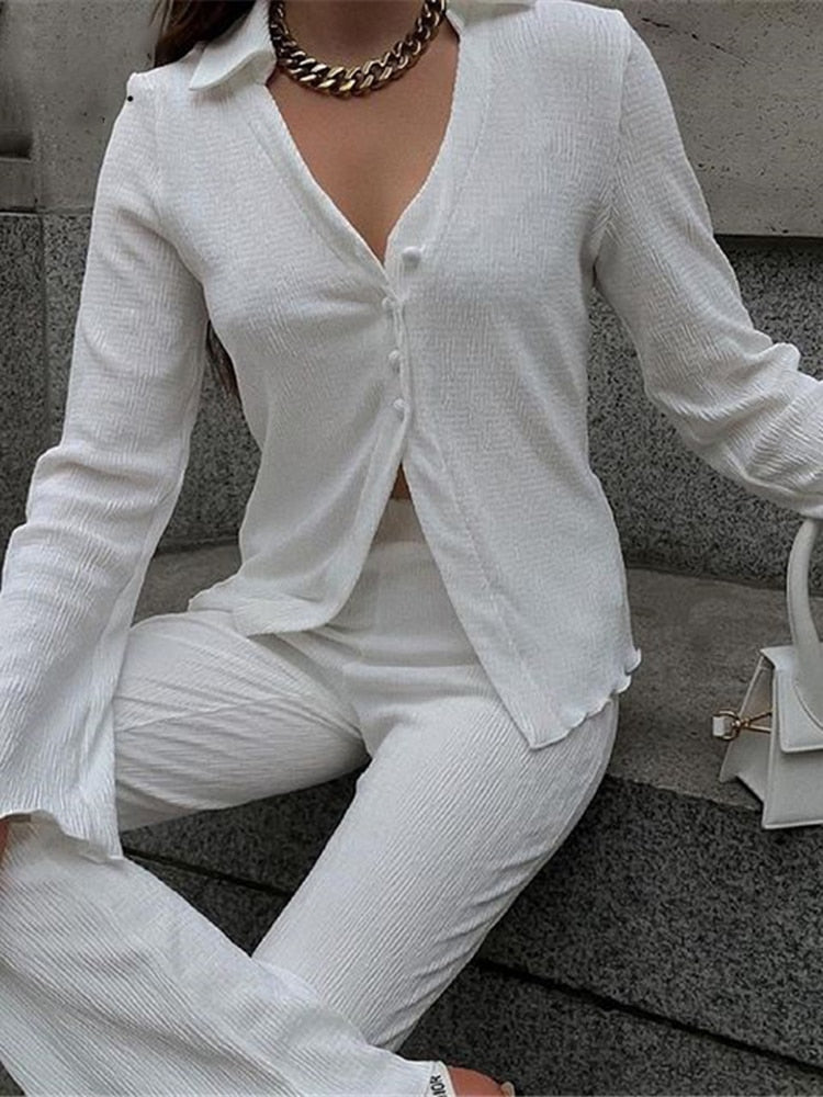 Mojoyce Half Button Pleated Top And Pants Suit Women Casual Two Piece Sets White Loose V-Neck Shirt Set 2022 Autumn New Overalls