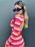 Mojoyce Jacuqeline Knitted Mini Y2K 2022 Stripe Bodycon Dress Women Beach Holiday Party Summer Casual Long Sleeve Backless Sexy Dresses