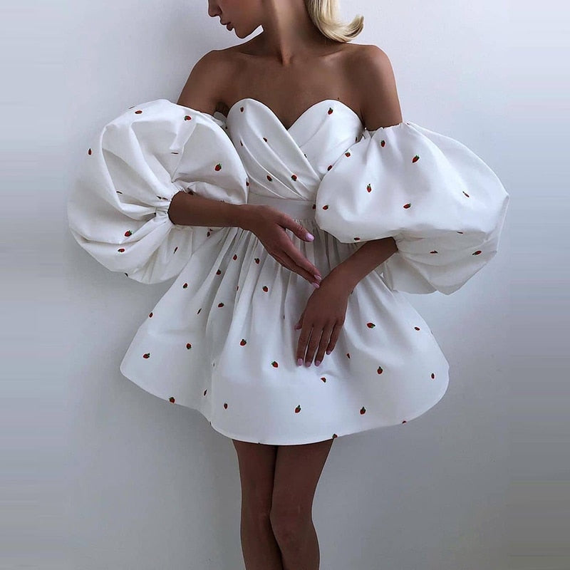 Mojoyce Cute Printing Off The Shoulder A Line Dress Summer Puff Sleeve High Waist Backless Elegant Party Dresses For Women