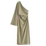 Mojoyce Autumn One Shoulder Long Sleeve Linen Blending Dresses Elegant Backless Slit Bodycon Dress 2023 Hoco Dresses