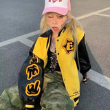 Mojoyce Y2k Streetwear Harajuku Embroidery Fire Flame Globe Retro Varsity Jacket Coat Hiphop Loose Baseball Bomber Jacket Woman
