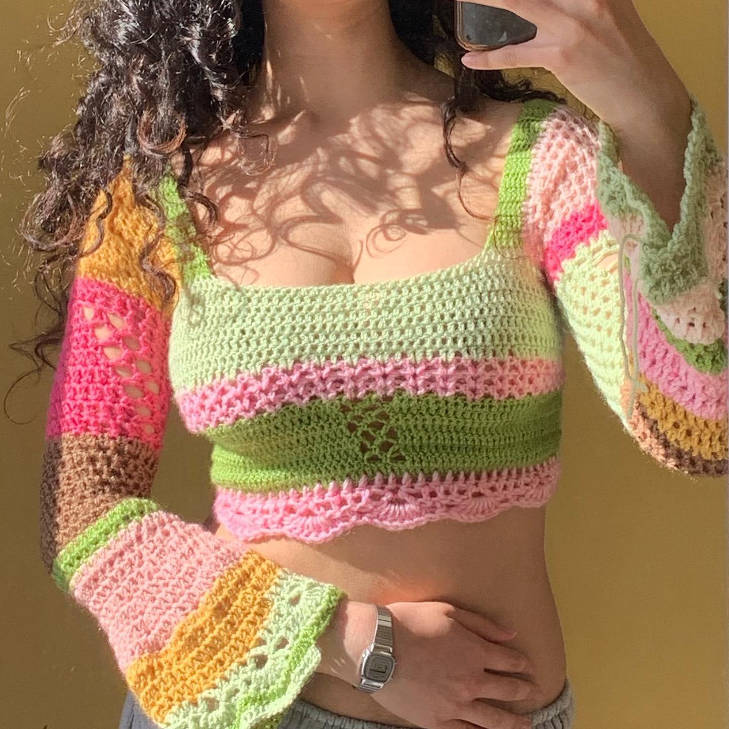 Mojoyce  Vintage Harajuku Y2k Crop Top Women Crochet Knit Tshirt Rainbow Color Bell Long Sleeve Square Hollow Out Cover Ups
