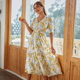 Mojoyce Holiday v-neck puff sleeves ruffle print summer dress Women floral high waist long dresses A-line elastic beach vestido