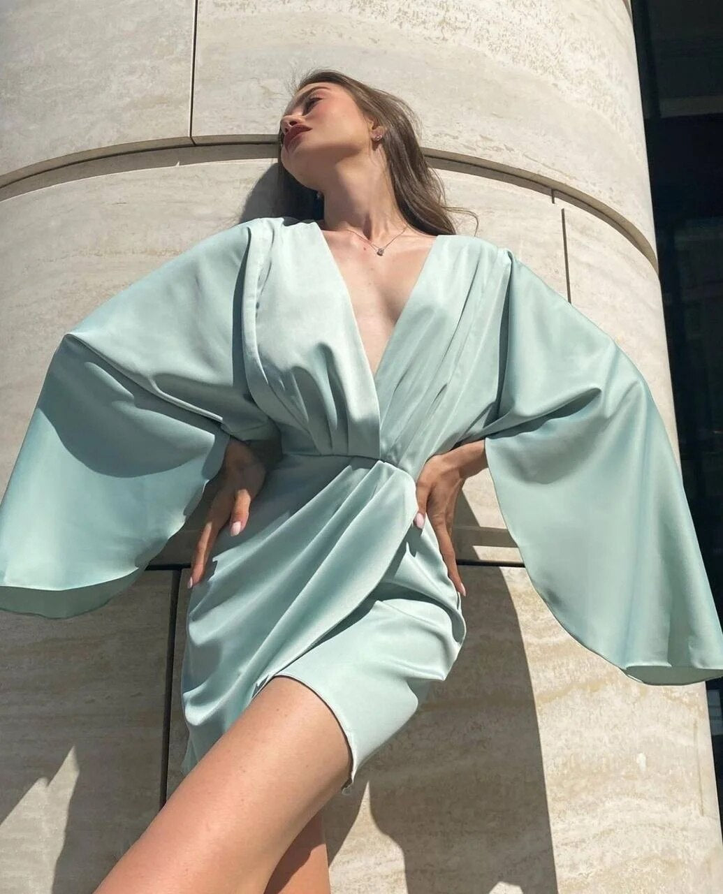 Mojoyce Sexy V Neck Batwing Sleeve Satin Mini Dress Summer Fashion High Waist Asymmetrical Design Party Dresses For Women 2022