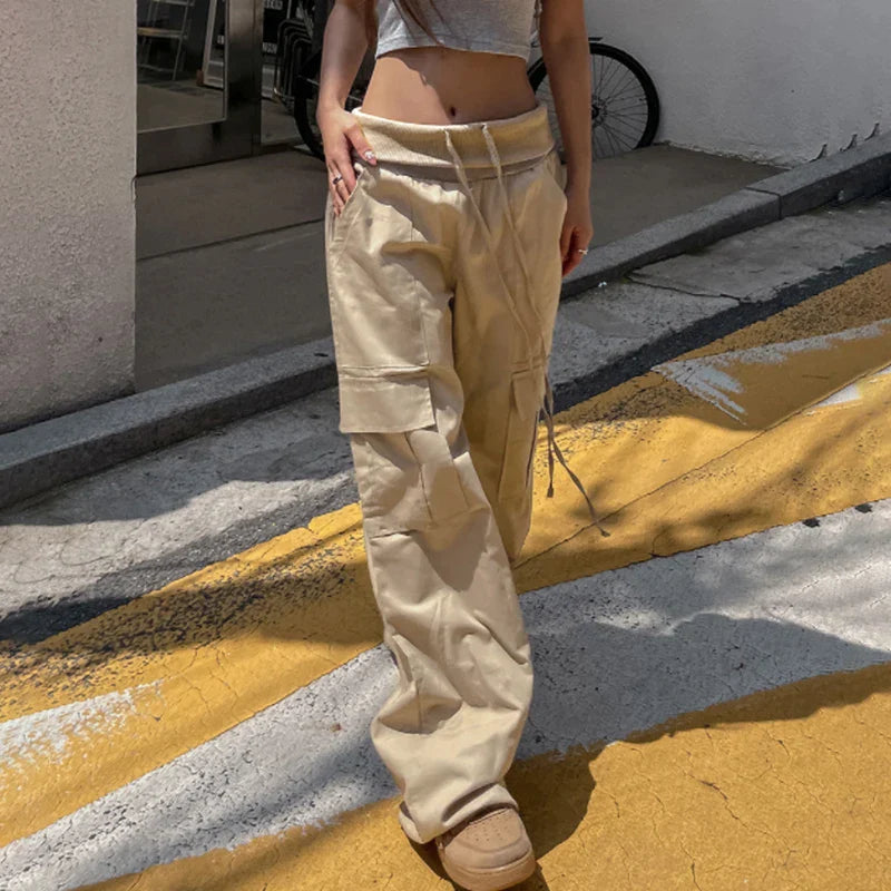 Mojoyce High Street Fold Over Waist Fashion Baggy Pants Women Boyfriend Style Khaki Cargo Pants with Pockets Harajuku Korean