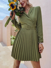 Mojoyce Elegant v-neck A-line pleated midi dress women green Office long sleeve belt blazer dresses Casual female vestidos 2022