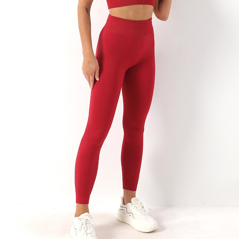 Mojoyce Ribbed Yoga Pants Sport Leggings Women Fitness Gym Clothing High Waist Push Up Seamless Workout Pants Solid Tights