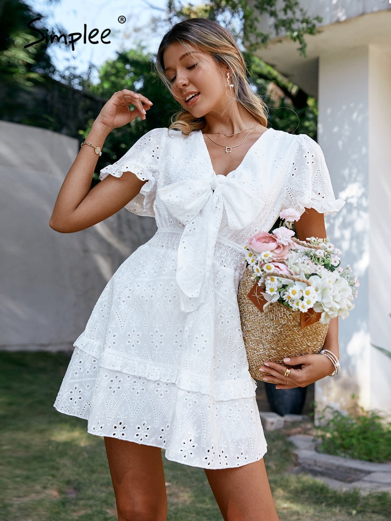 Mojoyce Cotton hollow out puff short sleeve women summer dress Holiday white bow beach mini sundress  A-line 2022 mujer vestidos