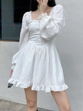 Mojoyce Heyoungirl Elegant Chic Korean Fashion Pleated Short Dress Autumn Puff Sleeve Casual Loose Dress Women Autumn Vintage Streetwear
