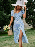 Mojoyce V-neck puff sleeves slash neck print summer dress women blue Elastic buttons corset floral dresses Holiday split vestido