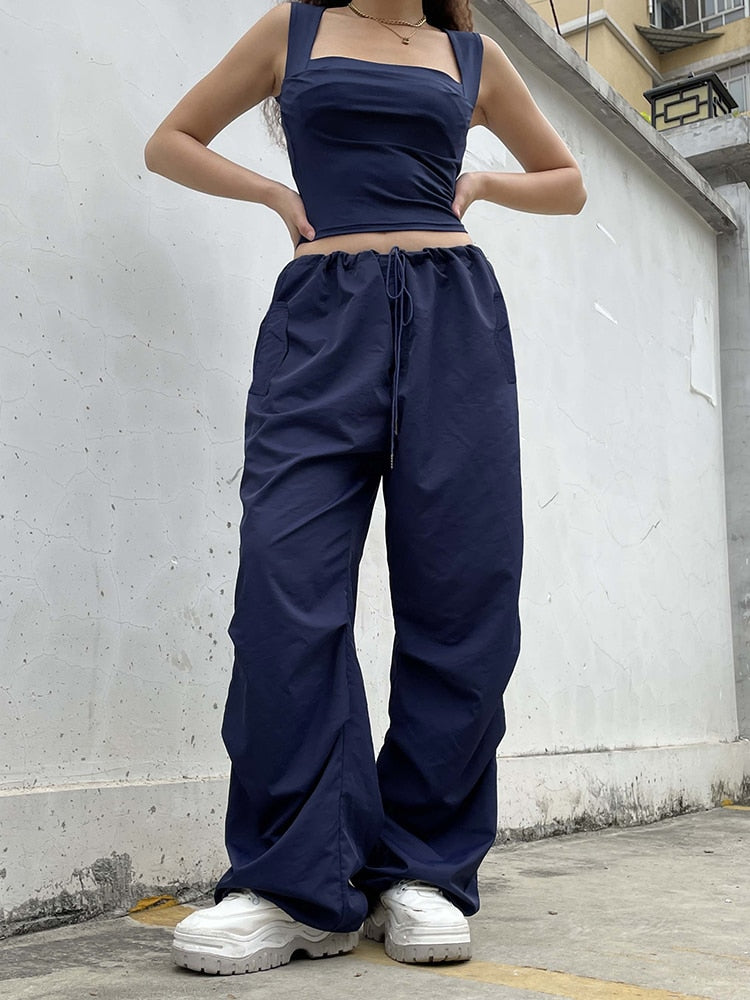 Mojoyce Streetwear Drawstring Low Waist Casual Blue Women's Pants Harajuku Baggy Trousers Hip Hop Wide Leg Capris Summer Chic