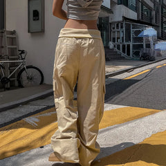 Mojoyce High Street Fold Over Waist Fashion Baggy Pants Women Boyfriend Style Khaki Cargo Pants with Pockets Harajuku Korean