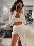 Mojoyce Tossy Knitted Two Piece Dress Women Outfits Long Sleeve Crop Top And Midi Skirt High Split Out Dress Set Female Bodycon White
