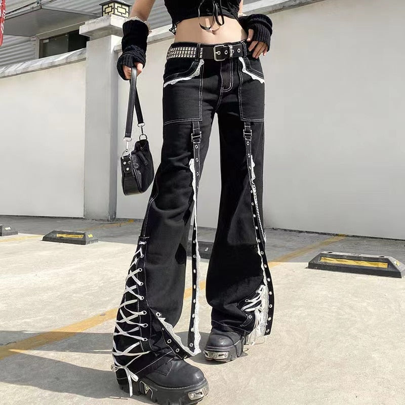 Mojoyce Gothic Clothes Denim Baggy Jean Women Aesthetic Lace Up Patchwork Dark Academia Streetwear Punk Bandage Trousers Straight Pants