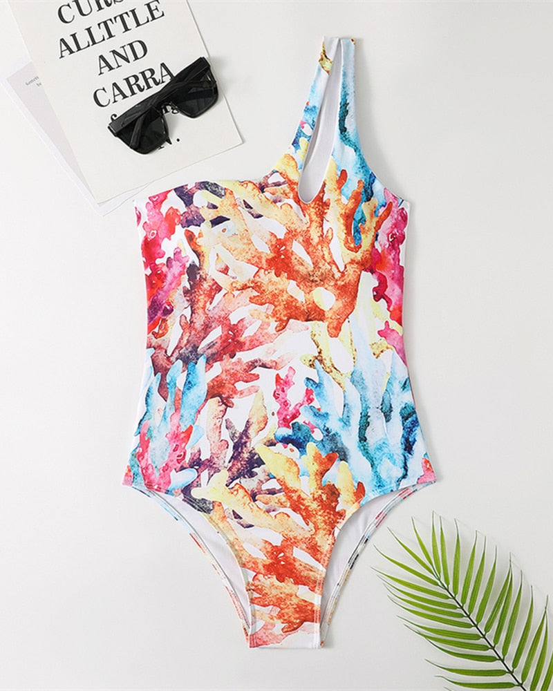 Mojoyce 2022 New Sexy One Piece Women's Swimsuit Coral Print Swimwear High Waist Cutout One-Shoulder Bikini Bathing Suit Beach Wear