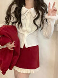 Mojoyce 2022 Winter Kawaii Christmas Coat Women Red Ruffles Japanese Sweet Cute Jackets Female Bow Warm Elegant Korean Fashion Overcoat