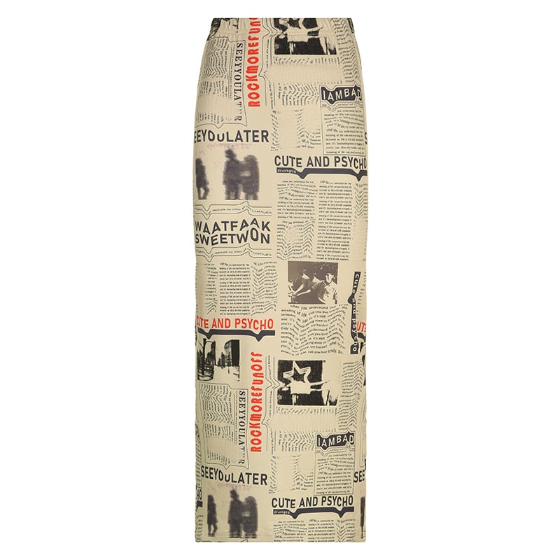 Mojoyce   Vintage Newspaper Letter Print High Waist Long Skirt Women Distressed Harajuku Slim Pencil Skirts Aesthetic Y2K Chic