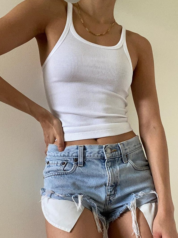 Mojoyce Casual White Sleeveless Cotton Cami Top Women Fashion Ribbed Crop Top Tees Ladies Basic Fitness Camisole Summer
