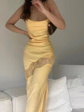 Mojoyce Sleeveless Midi Lace Satin Dress Party Club Backless Off Shoulder Elegant Dresses For Women 2023 Summer