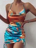 Mojoyce Sexy Slip Dress Women Tie Dye Halter Bodycon Summer Mini Dresses Backless Bandage Partywear Sleeveless Ruched Fashion